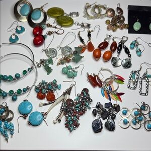 28 pair Earring bundle Boho Turquoise Silver tone untested gemstone Earrings ⭐️
